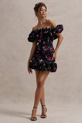 Black Ditsy Floral Print Ruffled Bardot Mini Dress